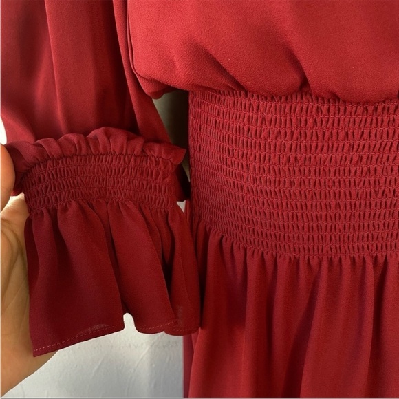 CHELSEA28 Burgundy Mini Dress Size Small Boho Long Ruffle Sleeve Smocked - Picture 4 of 8